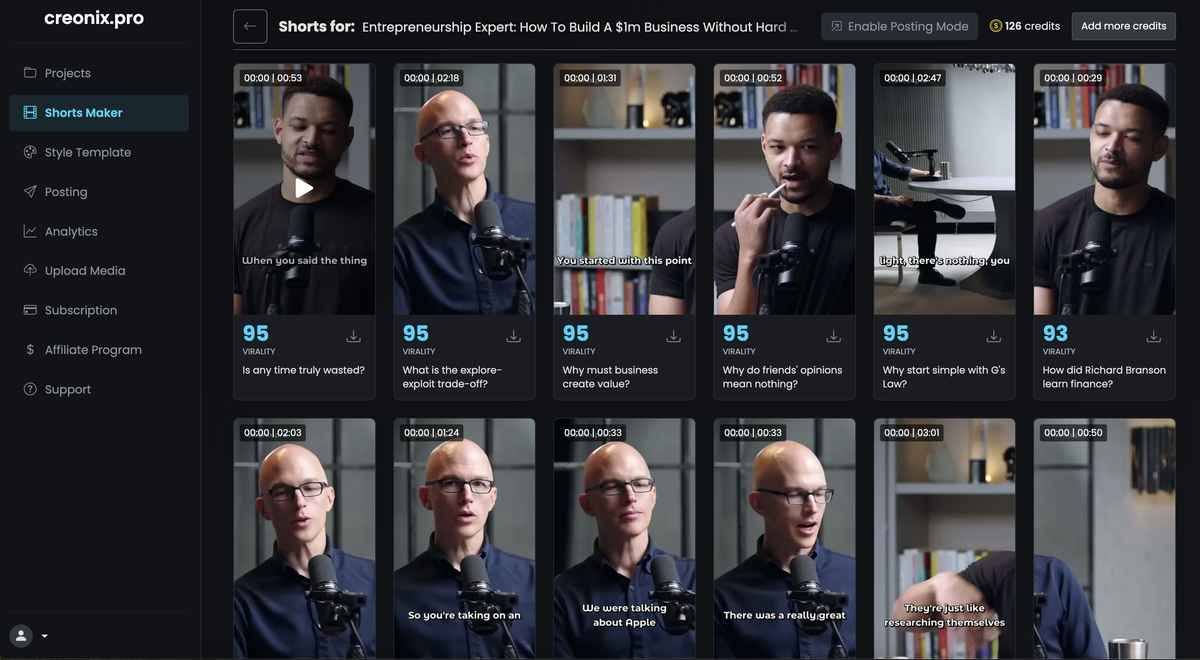 Short Clips Preview with Viral Scores